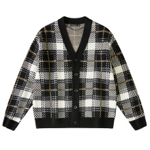 Amazom OEM new style good sale grid knitwear single button cotton cardigan coat men winter jacquard logo custom